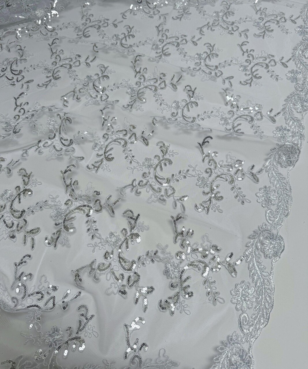White Sequin Embroidered Lace Fabric by the Yard, 54" Wide Floral Mesh Lace with Double Scalloped Edges